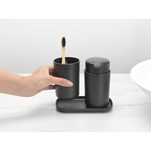 Brabantia ReNew Badkameraccessoires - set van 3 - Zeeppomp - Tandenborstelhouder - Schaal - donker grijs SHOWROOMMODEL SHOW24819
