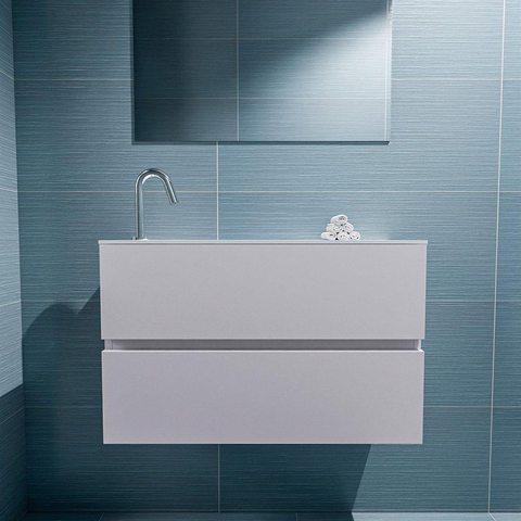 MONDIAZ ADA Toiletmeubel 80x30x50cm met 1 kraangaten 2 lades cale mat Wastafel Lex links Solid Surface Wit SW472741