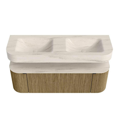 MONDIAZ THOR-DLUX 140cm meuble de salle de bains arrondi gauche + droite couleur Dusk avec 1 tiroir et 2 portes. Vasque suspendue CLOUD Double sans trou de robinet couleur Meli. SW1464422