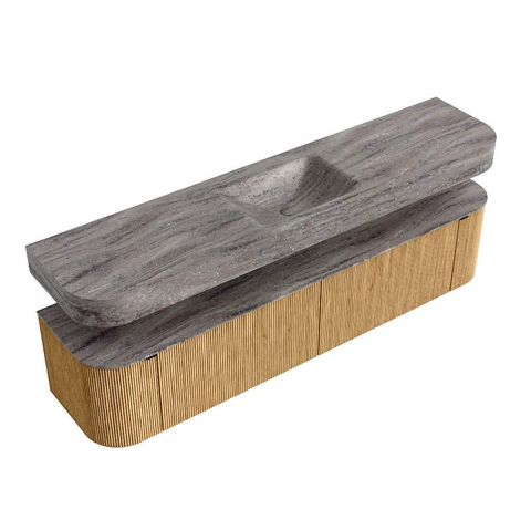 MONDIAZ THOR-DLUX 200cm badmeubel ronding links + rechts kleur Oak met 2 lades en 2 deuren. Vrijhangende wastafel CLOUD Midden zonder kraangat kleur Oza. SW1467176