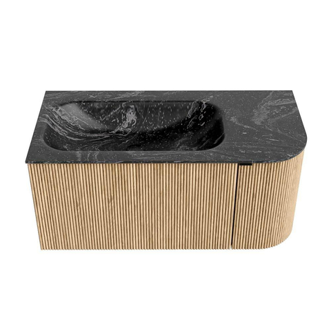 MONDIAZ KURVE-DLUX Meuble de salle de bains 95 cm avec module 25 R couleur Oak avec 1 tiroir et 1 porte. Lavabo BIG SMALL gauche sans trou de robinet couleur Lava. SW1138121