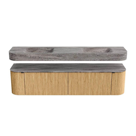 MONDIAZ THOR-DLUX Meuble de salle de bains - 190cm - arrondi gauche + droite - couleur Oak - 2 tiroirs et 2 portes - Vasque suspendue CLOUD Double sans trou de robinet - couleur Oza SW1466787