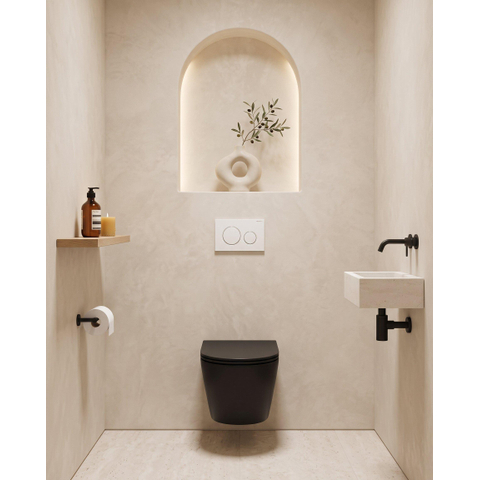 QeramiQ Dely Toiletset - Geberit UP720 inbouwreservoir - 35mm zitting - softclose - bedieningsplaat wit - mat zwart SW1427101