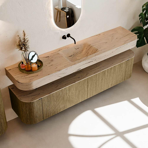 MONDIAZ THOR-DLUX 200cm meuble de salle de bains arrondi gauche + droite couleur Dusk avec 2 tiroirs et 2 portes. Vasque suspendue CLOUD Milieu sans trou de robinet couleur Arena. SW1467069