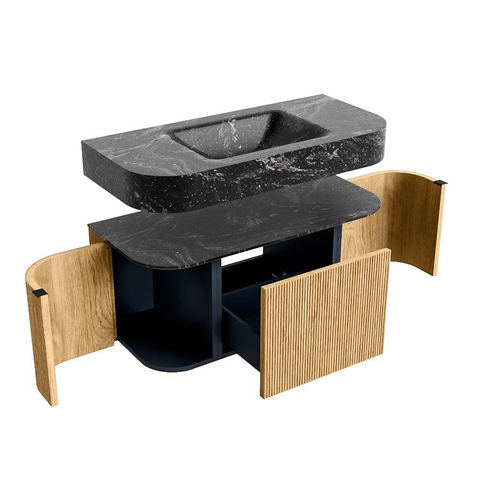 MONDIAZ THOR-DLUX 100cm meuble de salle de bains arrondi gauche + droite couleur Chêne avec 1 tiroir et 2 portes. Vasque suspendue CLOUD Milieu 1 trou de robinet couleur Lava. SW1467307