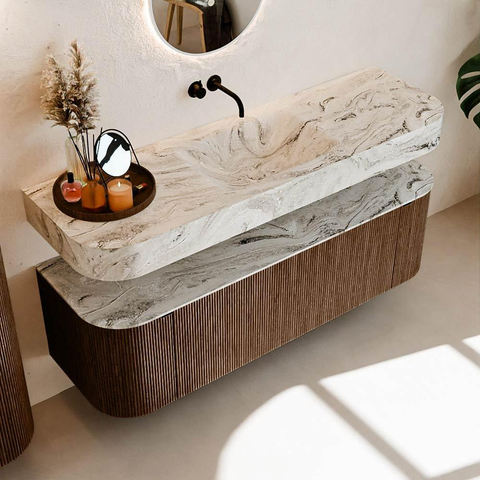 MONDIAZ THOR-DLUX 150cm badmeubel ronding links + rechts kleur Walnut met 1 lade en 2 deuren. Vrijhangende wastafel CLOUD Midden zonder kraangat kleur Glace. SW1464657