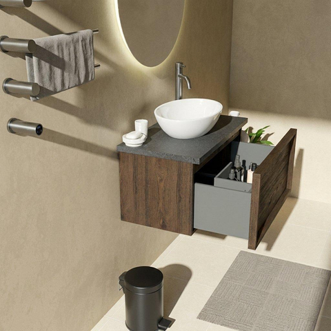 Saniclass Holz Frame Ensemble meuble de salle de bains - 80x45x43cm - Plan vasque en basalte Noche poli (noir) - 1 trou de robinetterie - 1 tiroir - chêne charcoal mat (bois) SW1478543