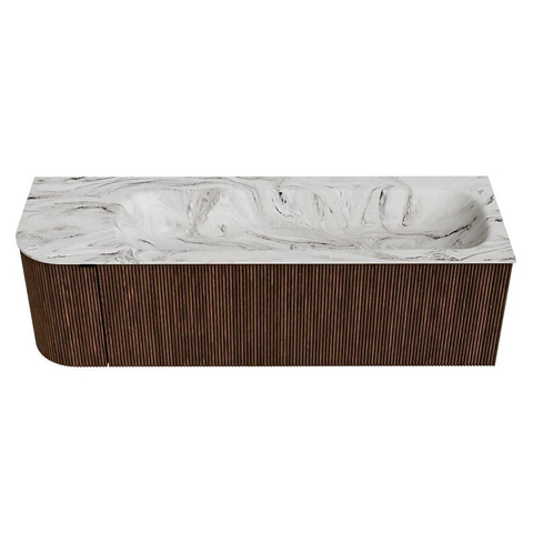 MONDIAZ KURVE-DLUX meuble de salle de bains 145 cm avec module 25 L couleur Walnut avec 1 tiroir et 1 porte. Plan-vasque BIG LARGE à droite sans trou de robinet couleur Glace. SW1138035