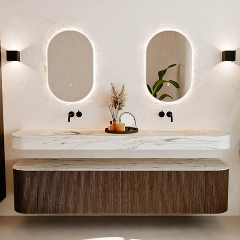 MONDIAZ THOR-DLUX 200cm meuble de salle de bains arrondi gauche + droite couleur Walnut avec 2 tiroirs et 2 portes. Vasque suspendue CLOUD Double sans trou de robinet couleur Nata. SW1467155