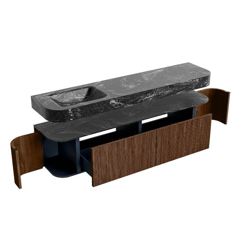 MONDIAZ THOR-DLUX 190cm badmeubel ronding links + rechts kleur Walnut met 2 lades en 2 deuren. Vrijhangende wastafel CLOUD Links 1 kraangat kleur Lava. SW1466226