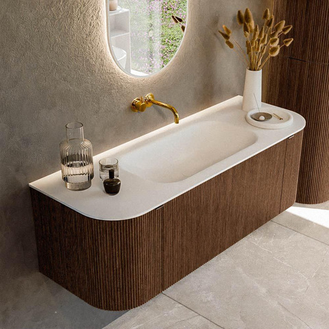 MONDIAZ KURVE Meuble de salle de bains 130 cm avec module 25 Len R couleur Walnut avec 1 tiroir et 2 portes. Vasque BIG SMALL centrale sans trou de robinet Talc. SW1138263
