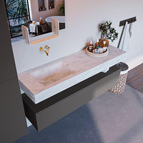 Mondiaz ALAN-DLUX Ensemble de meuble - 150cm - meuble Dark grey mat - 1 tiroir - Lavabo Cloud Opalo suspendu - vasque Gauche - 0 trous de robinet SW806431