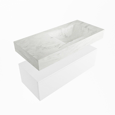 Mondiaz ALAN-DLUX Ensemble de meuble - 100cm - meuble Talc mat - 1 tiroir - Lavabo Cloud Opalo suspendu - vasque Droite - 0 trous de robinet SW806239