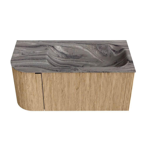 MONDIAZ KURVE-DLUX 95cm badmeubel ronding Links kleur Oak met 1 lade en 1 deur. Wastafel BIG SMALL Rechts zonder kraangat Sombra. SW1433537