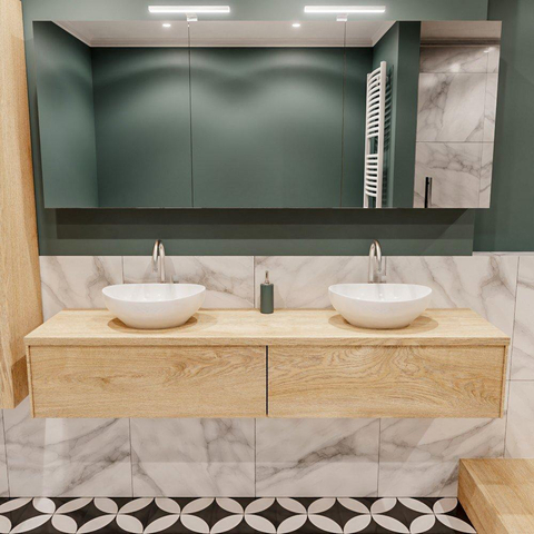 ENSEMBLE DE MEUBLE MONDIAZ LUSH - 180 cm - 2 tiroirs - lavabo BARCO - 2 lavabos - 2 trous de robinet - chêne blanchi SW409579