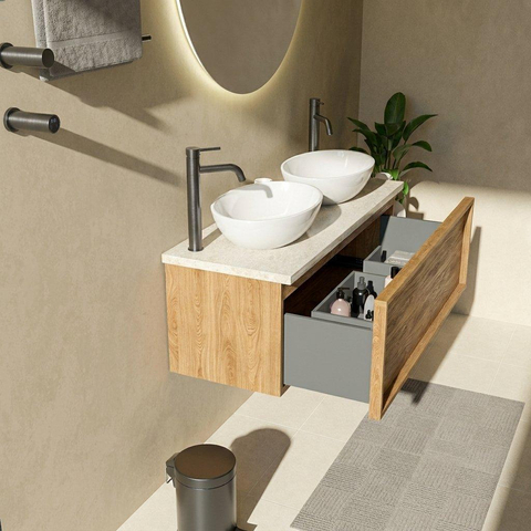 Saniclass Holz Frame Badkamermeubelset - 120x45x43cm - Travertine natuurstenen topblad - 2 kraangaten - 1 lade - mat eiken natural (hout) SW1478884