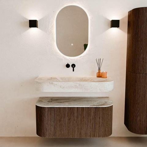 MONDIAZ THOR-DLUX Meuble de salle de bains 100cm arrondi gauche + droite couleur Walnut avec 1 tiroir et 2 portes. Vasque suspendue CLOUD Centre sans trou de robinet couleur Frappe. SW1467334