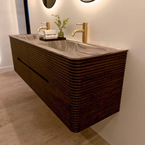 Mondiaz CIRO-DLUX Badkamermeubelset - 160x45x50cm - Solid surface wastafel Sombra - 2 wasbak Dubbel - 2 kraangaten - 4 lades - Walnut SW1530773