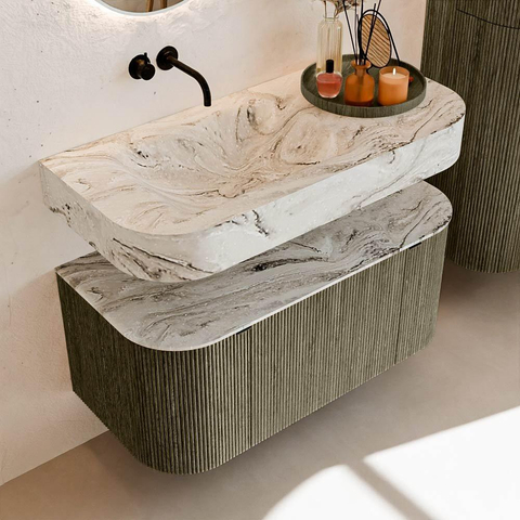 MONDIAZ THOR-DLUX 100cm meuble de salle de bains arrondi gauche + droite couleur Shadow avec 1 tiroir et 2 portes. Vasque suspendue CLOUD gauche sans trou de robinet couleur Glace. SW1467442
