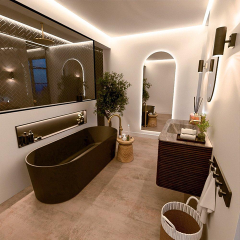 Mondiaz CIRO-DLUX Badkamermeubelset - 100x45x50cm - Solid surface wastafel Oza - 1 wasbak Midden - 1 kraangat - 2 lades - Walnut SW1530603