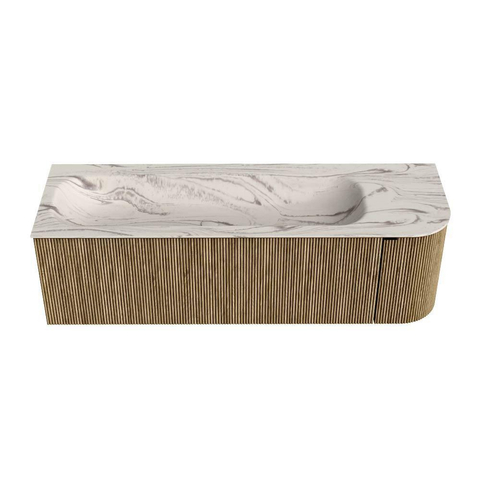 MONDIAZ KURVE-DLUX 145cm badmeubel ronding Rechts kleur Dusk met 1 lade en 1 deur. Wastafel BIG LARGE Links 2 kraangaten Nata. SW1432421