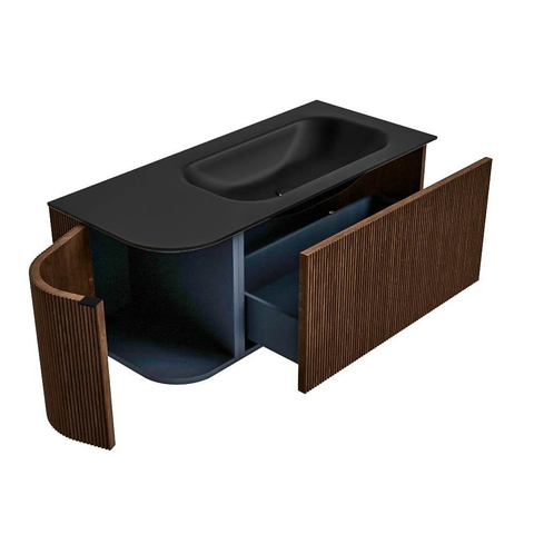 MONDIAZ KURVE 105cm badmeubel met module 25 L kleur Walnut met 1 lade en 1 deur. Wastafel BIG SMALL rechts zonder kraangat Urban. SW1138460