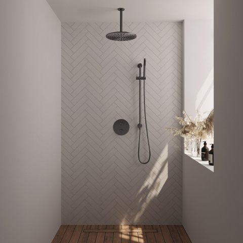 BRAUER Gunmetal Carving douche de pluie encastrée thermostatique - 3 voies - rond - set 90 - pomme de douche 30 cm - bras de plafond - douchette barre - flexible de douche - barre de douche intégrée - gunmetal brossé PVD SW1159186