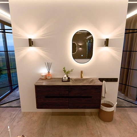 Mondiaz CIRO-DLUX Ensemble de meubles de salle de bains - 130x45x50cm - Plan vasque solid surface Oza - 1 vasque à droite - 1 trou de robinet - 4 tiroirs - Noyer SW1530648
