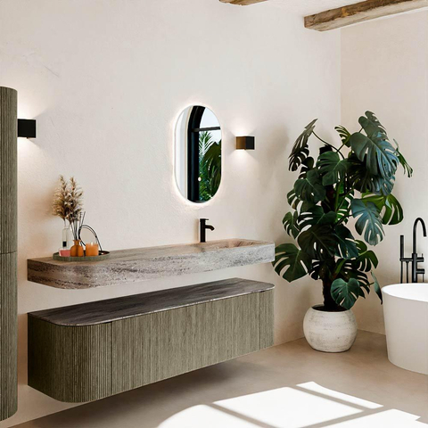 MONDIAZ THOR-DLUX Meuble de salle de bains 170cm arrondi gauche + droite couleur Shadow avec 1 tiroir et 2 portes. Vasque suspendue CLOUD Droite 1 trou de robinet couleur Oza. SW1467690