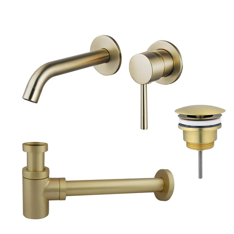 Fortifura Calvi Slim Wastafelkraanset - inbouw wastafelkraan - always open plug - verlaagde design - sifon - PVD - geborsteld messing (goud) SW891941