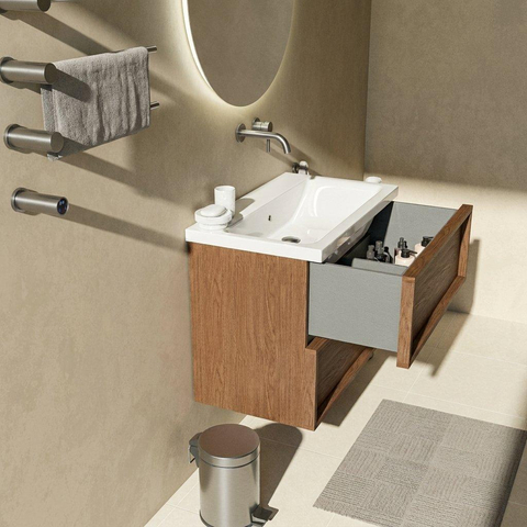 Saniclass Holz Frame Badkamermeubelset - 80x45x63.5cm - Bari keramische wastafel wit - 1 wasbak - zonder kraangat - 2 lades - mat walnut pure (hout) SW1579729