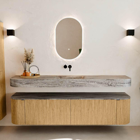 MONDIAZ THOR-DLUX Meuble de salle de bains - 190cm - arrondi gauche + droite - couleur Oak - 2 tiroirs et 2 portes - Vasque suspendue CLOUD Milieu sans trou de robinet - couleur Oza SW1466797