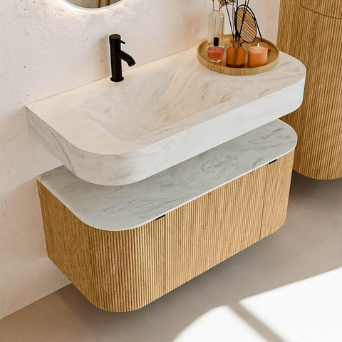 MONDIAZ THOR-DLUX 100cm badmeubel ronding links + rechts kleur Oak met 1 lade en 2 deuren. Vrijhangende wastafel CLOUD Links 1 kraangat kleur Opalo. SW1467322