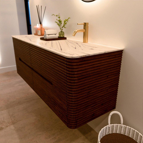 Mondiaz CIRO-DLUX Ensemble de meubles de salle de bains - 140x45x50cm - Plan vasque en solid surface Nata - 1 lavabo à droite - 1 trou de robinet - 4 tiroirs - Ruby SW1532072