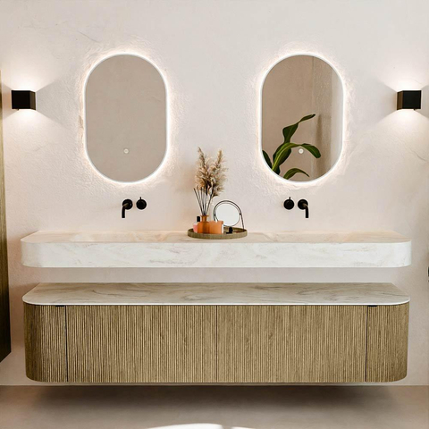 MONDIAZ THOR-DLUX 200cm meuble de salle de bains arrondi gauche + droite couleur Dusk avec 2 tiroirs et 2 portes. Vasque suspendue CLOUD Double sans trou de robinet couleur Ostra. SW1466858