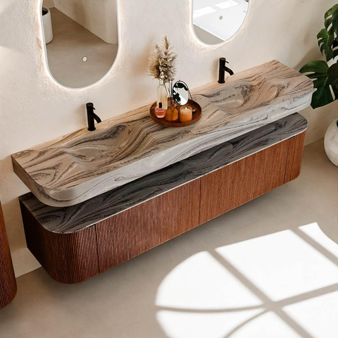 MONDIAZ THOR-DLUX 200cm meuble de salle de bains arrondi gauche + droite couleur Ruby avec 2 tiroirs et 2 portes. Vasque suspendue CLOUD Double 2 trous de robinet couleur Sombra. SW1467289