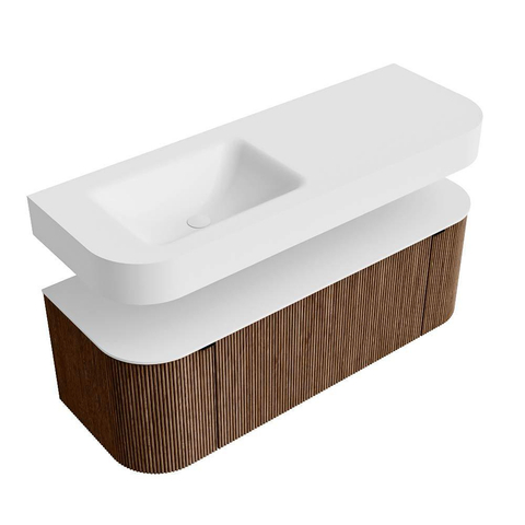 MONDIAZ THOR 130cm meuble de salle de bains arrondi gauche + droite couleur Walnut avec 1 tiroir et 2 portes. Vasque suspendue CLOUD gauche 1 trou de robinet couleur Talc. SW1463574