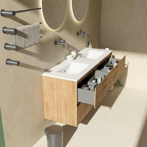 Saniclass Holz Pure Badkamermeubelset - 140x45x62cm - Vygo keramische wastafel wit - 2 wasbakken - zonder kraangaten - 4 lades - glans eiken natural (hout) SW1478924