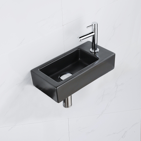 QeramiQ Fuente pack lave-mains – 37,5 x 18,5 x 9 cm – céramique noir mat – perçage à droite – robinet chromé SW1232723
