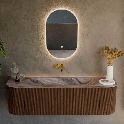 MONDIAZ KURVE-DLUX 150cm badmeubel ronding Links + Rechts kleur Walnut met 1 lade en 2 deuren. Wastafel BIG MEDIUM Midden zonder kraangat Sombra. SW1433667