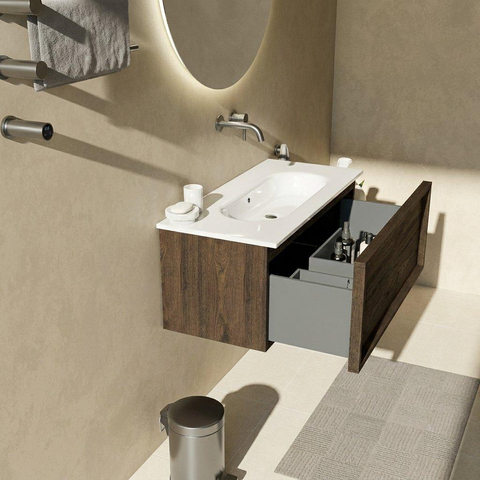 Saniclass Holz Frame Ensemble meuble de salle de bains - 100x45x53.9cm - Lavabo en céramique Chaci blanc - 1 vasque - sans trou de robinet - 1 tiroir - chêne charcoal mat (bois) SW1478807