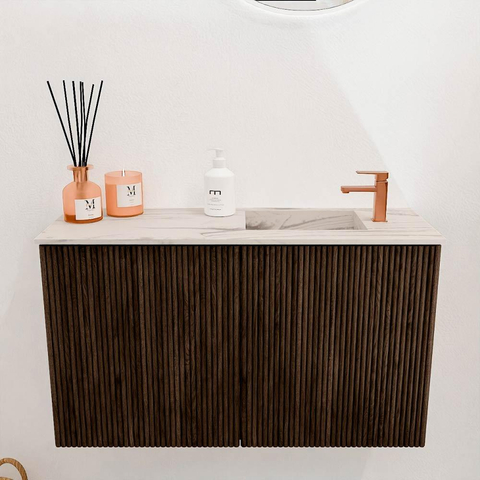 Mondiaz JOYA-DLUX 70cm meuble de salle de bains - couleur Walnut - Vasque FAYE position Droite 1 trou de robinet couleur Nata. SW1424482