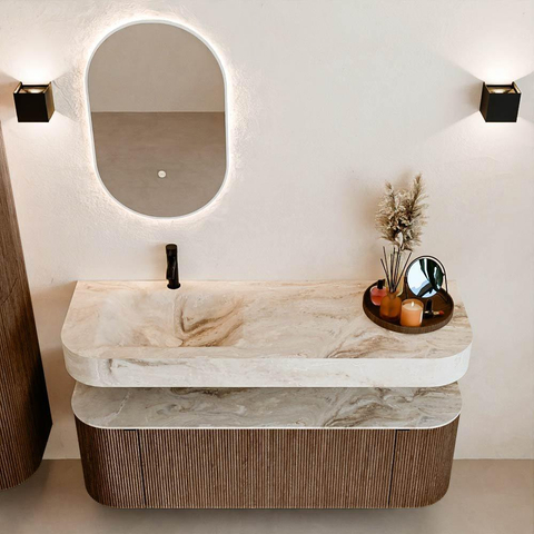 MONDIAZ THOR-DLUX 140cm meuble de salle de bains arrondi gauche + droite couleur Walnut avec 1 tiroir et 2 portes. Vasque suspendue CLOUD Gauche 1 trou de robinet couleur Frappe. SW1463956