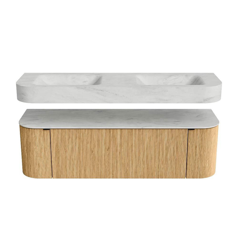 MONDIAZ THOR-DLUX 150cm badmeubel ronding links + rechts kleur Oak met 1 lade en 2 deuren. Vrijhangende wastafel CLOUD Dubbel zonder kraangat kleur Opalo. SW1464610