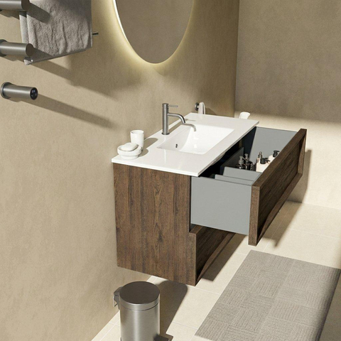 Saniclass Holz Frame Ensemble de meubles de salle de bains - 100x45x62cm - lavabo Vygo en céramique blanc - 1 vasque - 1 trou de robinet - 2 tiroirs - chêne charcoal mat (bois) SW1580051