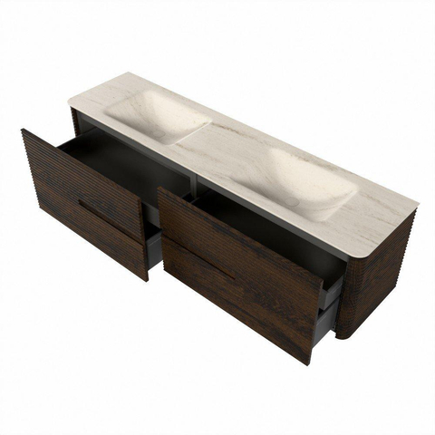 Mondiaz CIRO-DLUX Meuble de salle de bains - 180x45x50cm - Plan vasque solid surface Meli - 2 cuves Double - 2 trous de robinetterie - 4 tiroirs - Noyer SW1530563