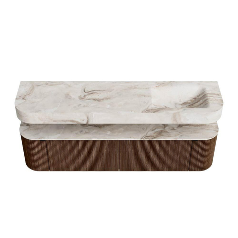 MONDIAZ THOR-DLUX 180cm meuble de salle de bains arrondi gauche + droite couleur Walnut avec 2 tiroirs et 2 portes. Vasque suspendue CLOUD Droite sans trou de robinet couleur Frappe. SW1465951