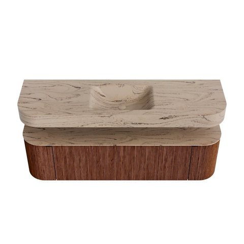MONDIAZ THOR-DLUX 160cm meuble de salle de bains arrondi gauche + droite couleur Ruby avec 1 tiroir et 2 portes. Vasque suspendue CLOUD centrale sans trou de robinet couleur Arena. SW1465121