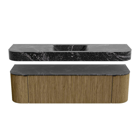 MONDIAZ THOR-DLUX 160cm meuble de salle de bains arrondi gauche + droite couleur Dusk avec 1 tiroir et 2 portes. Vasque suspendue CLOUD Centre sans trou de robinet couleur Lava. SW1465223