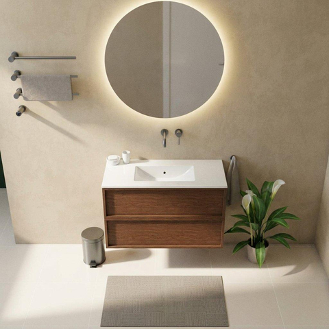 Saniclass Holz Frame Ensemble meuble de salle de bains - 100x45x62cm - Vygo lavabo en céramique blanc - 1 vasque - sans trou de robinet - 2 tiroirs - noyer pure mat (bois) SW1483392